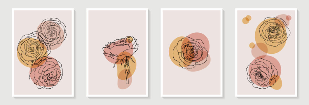 Set of creative minimalist hand draw illustrations floral outline pastel biege simple shape for wall decoration, postcard or brochure cover design