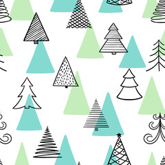 Seamless pattern of hand drawn Doodle Sketch Christmas tree. design holiday greeting cards and invitations of the Merry Christmas and Happy New Year, seasonal winter holidays