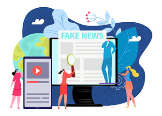 Online internet fake news, information at computer vector illustration. People use social media website at flat laptop, digital communication technology. Breaking news paper, reading headline report.