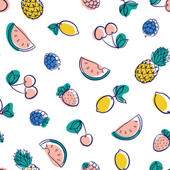 Beautiful seamless pattern with cute doodle fruits sketch. Hand drawn trendy background. design background greeting cards, invitations, fabric and textile