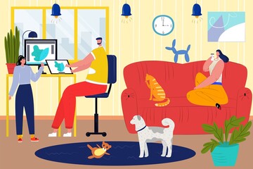 Father work at home, family person together at cartoon scene, vector illustration. Man woman young kid character in room. Happy parent people with cute daughter, flat indoor lifestyle.