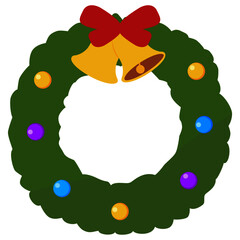 Christmas wreath with red bow, toy ball in flat style