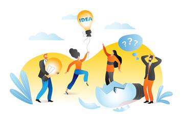 Business creative idea concept, vector illustration. People team group try to catch light bulb, businessman woman character work at success solution. Office communication at background design.