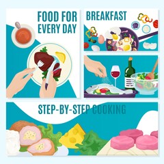 Fototapeta premium Food cooking set, healthy meal menu banner vector illustration. Dinner cuisine at kitchen design background, flat ingredient. Cook vegetable for traditional dish, tasty product at plate.
