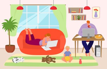 Family character work from home, workplace with laptop computer, vector illustration. Man woman at internet freelance business job. Freelancer person busy lifestyle, professional worker.