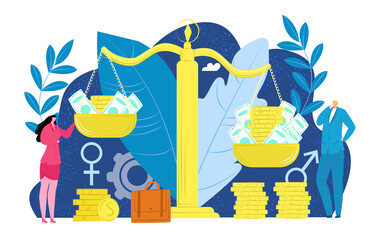 Gender discrimination for money, male female people at business work vector illustration. Sex equility at man woman career, wage and salary concept. Corporate social gap at huge scales.