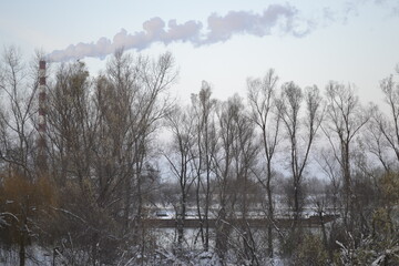 Panorama of the bank of the river Danube with winter cover in December. 