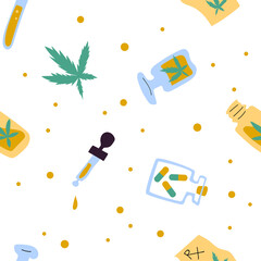 Medical cannabis seamless vector pattern on white