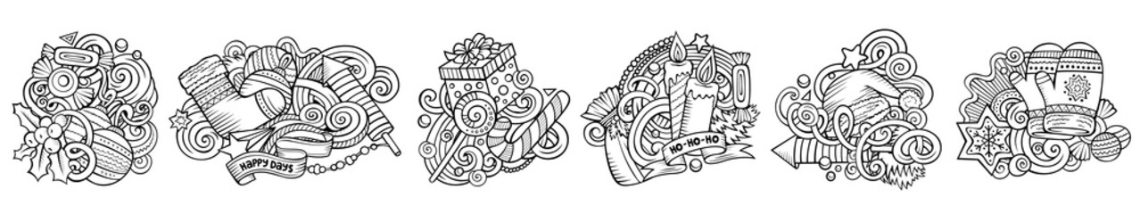 New Year cartoon raster doodle designs set