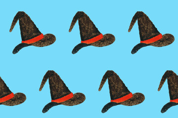 Seamless pattern with watercolor witch hat on blue board. Design element for Halloween. Symbol of witchcraft. Magician or wizard hat. Print for textile, greeting cards, wrapping paper, decor, design