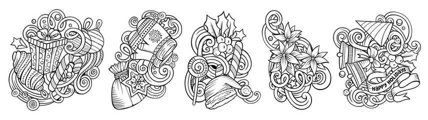 New Year cartoon raster doodle designs set
