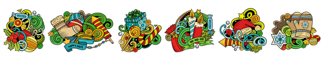 New Year cartoon raster doodle designs set