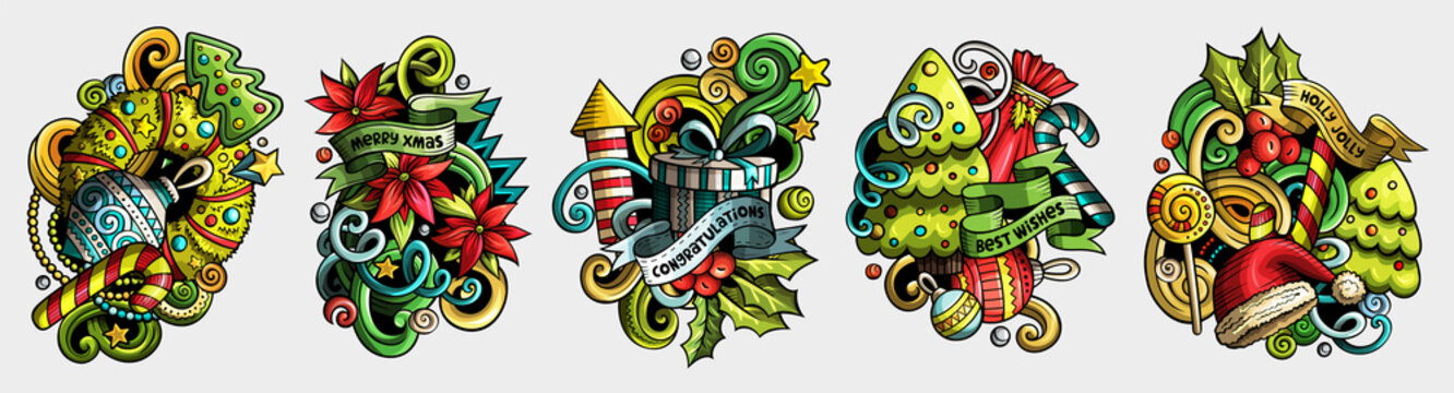 New Year cartoon raster doodle designs set