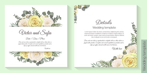 Floral template for wedding invitation. Beige roses, eucalyptus, green plants and leaves.