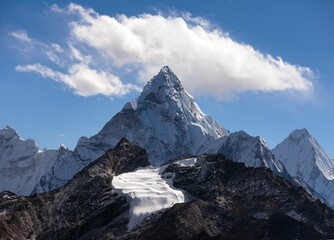 Mount Ama Dablam within clouds, Nepal himalayas