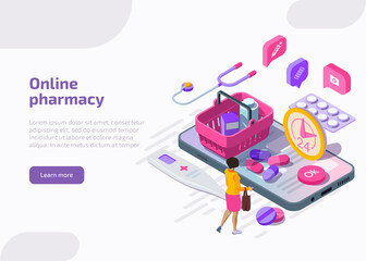 Online pharmacy banner. Mobile drugstore service. Vector landing page with isometric woman buyer and smartphone with application for purchases medical drugs, pills, tablets and healthcare products.