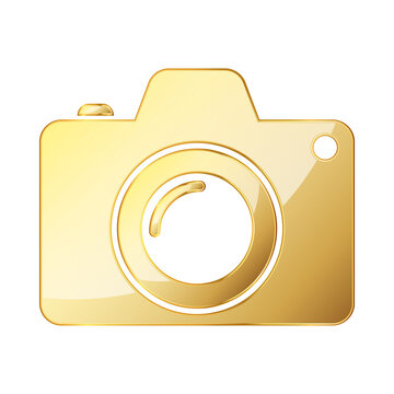 Photo camera icon. Gold photo camera icon isolated. Vector illustration.