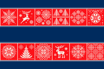 Christmas Holiday Pixel Pattern.  Reindeer, Elk, Christmas Trees and Snowflakes Ornaments. Knitted Sweater Pattern Design. Seamless Background with a Place for the Greeting Text or Logo.