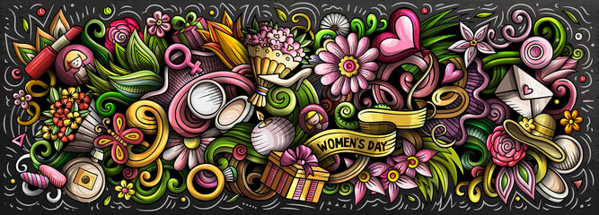 Naklejka premium Happy Womens Day hand drawn cartoon doodles illustration. Colorful raster banner