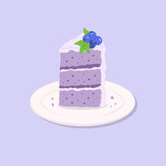 Colorful sweet cake slice. A piece of cake for party, happy birthday, weddings, celebrations, greeting, invitation cards. Blueberry cake on plate. Vector illustration in cartoon flat style.