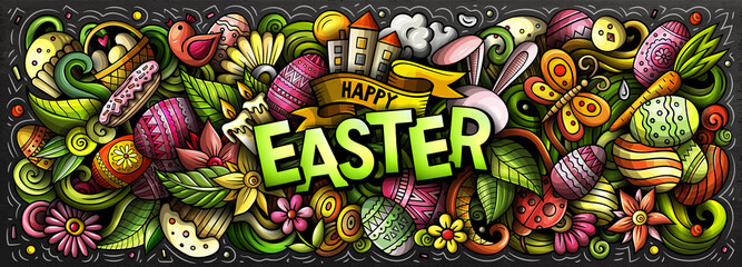 Naklejka premium Happy Easter hand drawn cartoon doodles illustration.