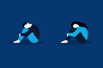 Sad, unhappy, lonely man and woman in depression sitting and hugging their knees. Depressed people. Male and female in dark room. Mental health. Vector illustration in cartoon flat style.