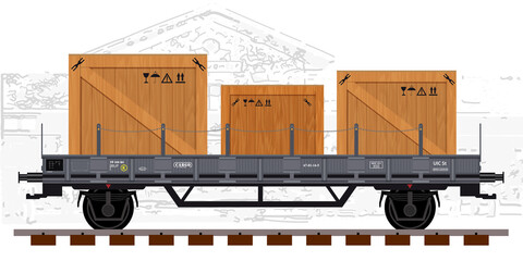 Detailed railway wagon vector illustration with wooden containers