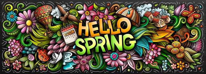 Hello Spring hand drawn cartoon doodles illustration. Colorful raster banner