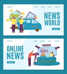 Fototapeta premium News world background concept, vector illustration. People character report flat information for media, business technology template banner. Online digital news in internet landing page.