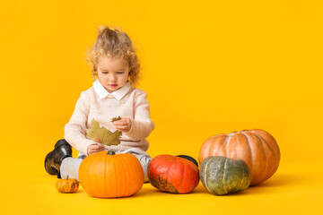 Fototapeta premium Cute little girl with pumpkins on color background