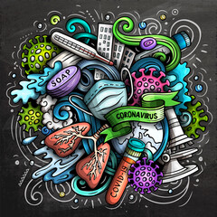 Cartoon raster doodles Coronavirus illustration. Bright colors epidemic picture