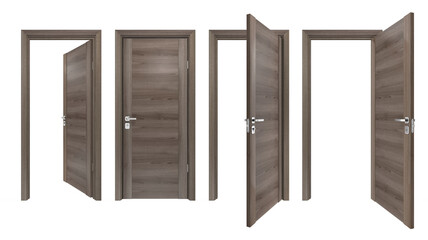 Modern set of solid wooden doors with high resolution grey oak texture. 3D rendering of minimalist style brown wood closed, open inside, outside doorways for home interior design