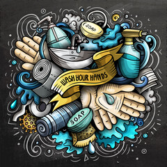 Cartoon raster doodles Wash Your Hands illustration. Bright colors picture