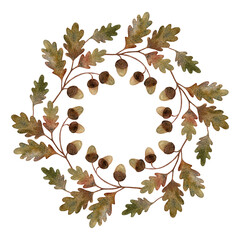 Watercolor oak circle wreath. Decorative round frame isolated on a white background. Fall season. Hand-drawn twigs with acorns and autumn leaves. Botanical art in vintage style. Brown green foliage