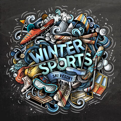 Winter Sport Time hand drawn cartoon doodles illustration.