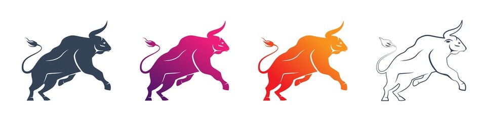 Set of majestic bull profile side view icons. Taurus Zodiac sign. Domestic cow, side view. Ox Sacred animal, astrology vector flat design icon. Symbol of the year 2021