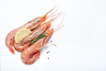 Large shrimp with lemon and rosemary on a white background. Space for text.Top view.