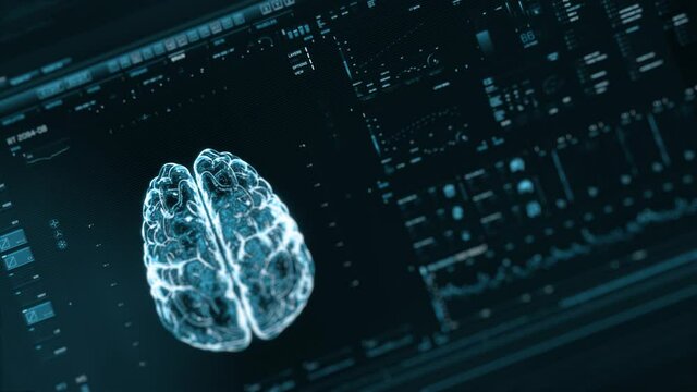 Perspective blue futuristic interface analyzing human brain anatomy and morphology. Medical profile of patient, brain lobes, neuron animation. Nerve impulses, EEG, electrical activity of the brain.