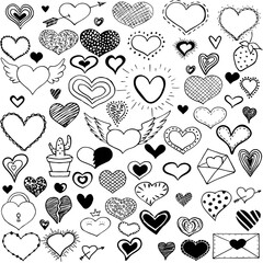 Collection doodle heart. Romantic stickers collection. Love theme simple sketches for web design or printed products.