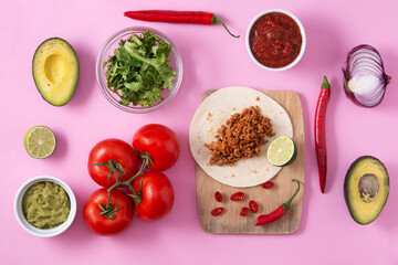 Mexican barquita taco ingredients with beef, chilli, tomato, onion and spices pattern
