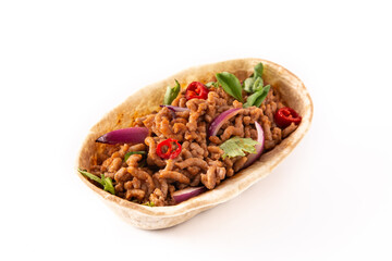 Mexican barquita taco with beef, chilli, tomato, onion and spices isolated on white background