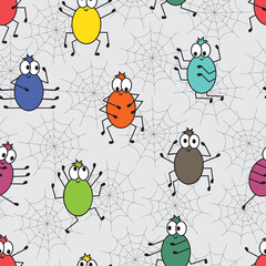 Halloween seamless background with funny spiders and web