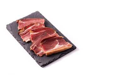 Dried and smoked meat slice isolated on white background. Copy space	