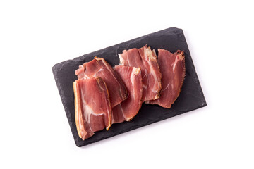 Dried and smoked meat slice isolated on white background.Top view	