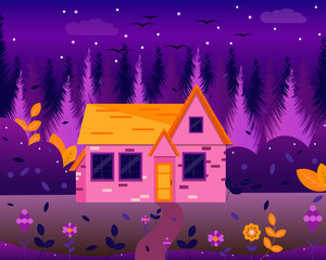 vector illustration of the night landscape with the house