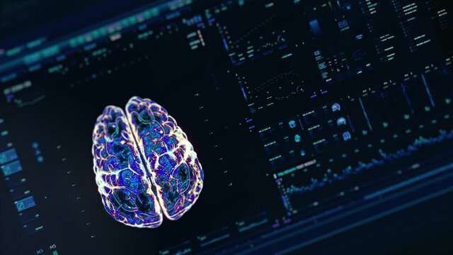 Perspective holographic interface analyzing human brain anatomy and morphology. Medical profile of patient, brain lobes, neuron cell animation. Nerve impulses, EEG, electrical activity of the brain.