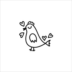 Small bird with hearts. Hand drawn doodle symbol of Sain Valentine s Day. Black stroke. Vector illustration isolated on white background