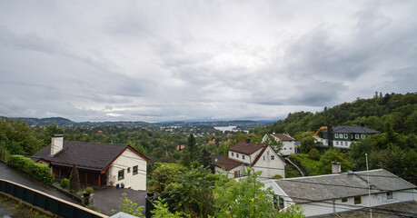 Fototapeta na wymiar Small Town In Norway Sunny Panorama Landscape 