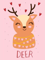 Valentines day card with cute funny deer with hearts around. Hand drawn vector illustration. Scandinavian style flat design. Concept for children holiday print.