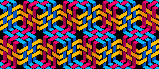 Stripy mesh weaving cubes seamless pattern, 3D abstract vector background for wallpapers, op art dimensional optical illusion design. Colorful version.
